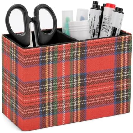 PU Leather Multi-Compartment Pen Holder Desktop Organizer Pencil Cup Storage Caddy for Office Home Supplies Blue Stewart Plaid Colorful Tartan Black Bright British by Unknown