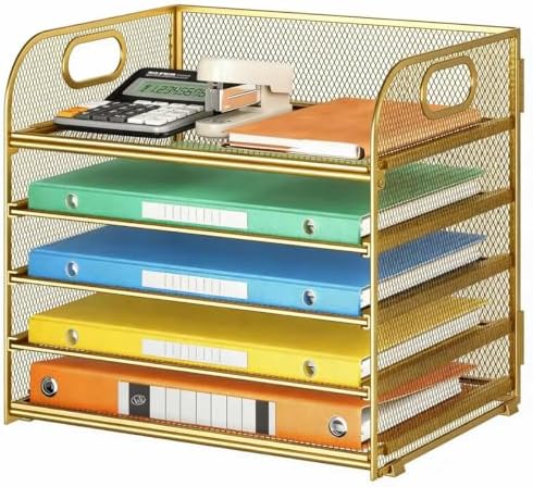 Lavatino Desk Paper Organizer Trays, Gold 5-Tier Mesh File Folder Sorter with Handles, Letter Holder Organizer for Office, Home, School Supplies Storage & Organization by Lavatino