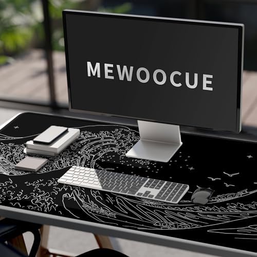 MEWOOCUE® Large Gaming Mouse Pad for Computer,Black Japanese Sea Wave Anime Mouse Mat,Long XXL Waterproof Keyboard Pads,Big Non-Slip Mouse Pads for Game Office Home（47.2 x 23.6 in） - Image 3
