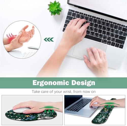 ARTSO XXL Large Gaming Mouse Pad with Wrist Rest, Ergonomic Mouse Pad, Keyboard Wrist Rest, Home Office Desk Accessories, Green Flower Plants - Image 3