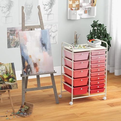 LDAILY 15 Drawer Rolling Storage Cart, Rolling Cart with Drawers for Classroom, Art Supply Craft Organizer on Wheel with Metal Frame & Handles for Home Office School - Image 6