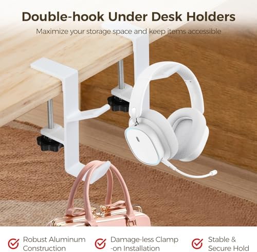 6 Pcs Desk Mount Bag Holders, Clamp On Under Desk Holders with Double Hook Design, Clip On Backpack Headphone Hangers for Tables, Portable Desk Purse Hooks for Home and Office, White - Image 2