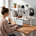 Clamp on Desk Shelf White, 24in 2-Tier Office Desk Shelves Organizer, Shelf for Top of Desk with Headphone Holder and Hooks, Desktop Storage Rack for Home Workspace, Study Rooms, Gaming Accessories - Image 4