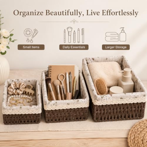 3-Piece Wicker Storage Baskets for Shelves, Storage Basket Set, Coffee - Image 5