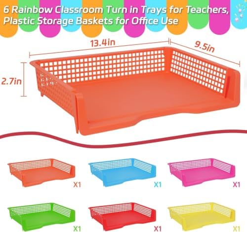 ZZYFGH 6 Pack Turn in Trays Classroom, Colorful Turn in Trays for Teachers, Plastic Classroom Paper Organizers, Stackable Tray for Classroom, Library, Drawers, Office Desk(13.4 * 9.5 * 2.7in) - Image 2