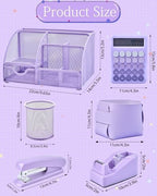 23pc Purple Desk Accessories and Organizers with Mesh Organizer Stapler Tape Dispenser Calculator and a Lot of Office Purple Office Supplies Beautifully Presented in a Gift Box - Image 5