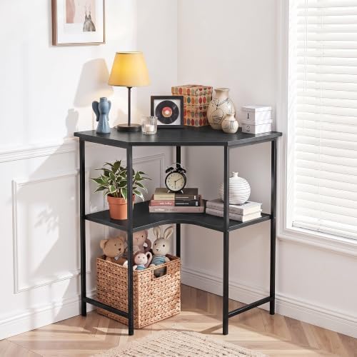 VECELO Small Corner Desk, Triangle Computer Desk with Storage Shelves for Small Spaces, 33 x 30 inches Corner Makeup Table for Home Office Bedroom, Black - Image 2