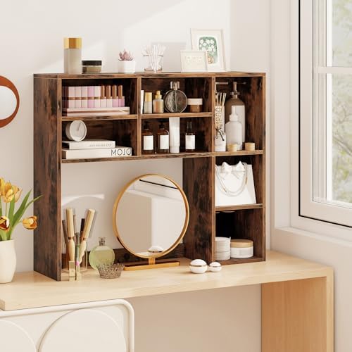 Tangkula Desktop Bookshelf, 37" Countertop Storage Hutch with 7 Cubes & 3 Adjustable Shelves, 3-Tier Desk Display Rack Organizer, Multipurpose Wood Desktop Hutch for Dorm Home Office (Rustic Brown) - Image 5