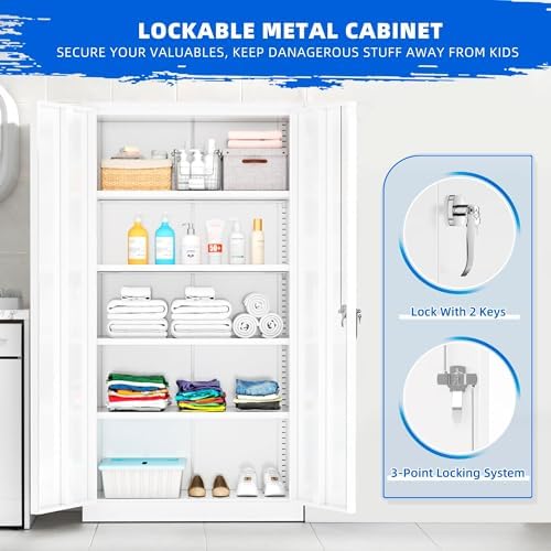 Superday 72" Lockable Steel Storage Cabinet, Locking Metal Storage Cabinets, Tall White Cabinet with 2 Doors and 4 Adjustable Shelves for Garage, Home Office, Classroom, File, Easy Assemble - Image 3