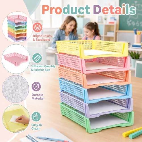 Set of 6 Pastel Turn in Trays for Teachers Stackable Classroom Paper Letter Trays Plastic Classroom Desk Letter Organizer Tray Storage Baskets for Library, Drawers, Office, Home - Image 3