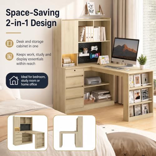 51.6" L Shaped Computer Desk with Drawers and Storage, Light Oak - Image 3