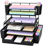 OPNICE Desk Organizer, 6-Tier Desktop File Organizer with Drawer and Pen Holders, Office Desk Accessories, File Sorters, Workspace Organizers for Office Supplies(Black) by OPNICE