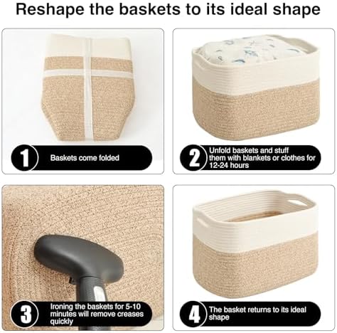 ICERZCZ Storage Baskets for Organizing & Shelves, Woven Cotton Rope Organization Bins for Dog Toys, Clothes, Books, Nursery Organizer, 15"Lx11''Wx9.5''H, (4 Packs) Off White & Brown - Image 7