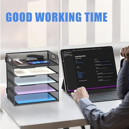 Supeasy 2 Pack 5-Tier Desk Organizer with Handle Mesh Desk File/Paper Organizer Letter Tray for Office, School, Classroom and Home Easy Installation, Black - Image 2