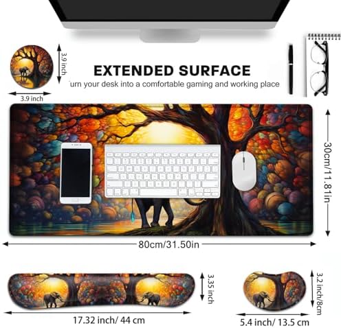 Large Gaming Mouse Pad+ Keyboard Wrist Rest Set, Ergonomics Memory Foam Mouse Mat Wrist Rest Support, Waterproof Extended Mousepad 31.5x11.8in, Colorful Tree of Life and Elephant Desk Pad - Image 6