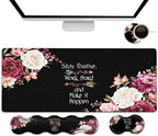Large Mouse Pad with Wrist Support Set,Memory Foam Keyboard Wrist Rest +XXL Extended Gaming Mouse Pad + Ergonomic Mouse Wrist Pad,Peony Flower Inspirational Quotes Office Black Desk Pad for Women Men by FDHHKJUKO