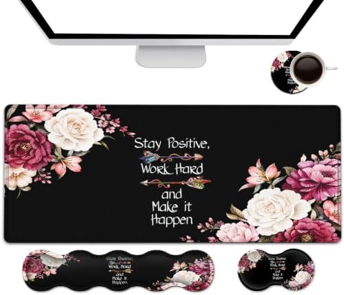 Large Mouse Pad with Wrist Support Set,Memory Foam Keyboard Wrist Rest +XXL Extended Gaming Mouse Pad + Ergonomic Mouse Wrist Pad,Peony Flower Inspirational Quotes Office Black Desk Pad for Women Men by FDHHKJUKO