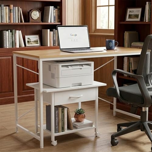 22" x 15" Under Desk Rolling Printer Stand, 2-Tier Industrial Mobile Printer Table with Strong Fabric Drawer, Storage Shelf, Steel Frame and Lockable Wheels, Printer Cart for Home Office (White) - Image 6