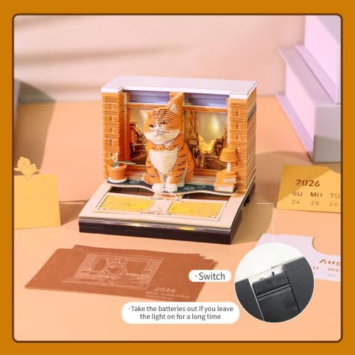 3D Calendar 2027,Time Piece Calendar 2027 With LED Lights,3D Art Calendar Memo Pad,Orange Tabby Cat Desktop Decoration,Tear-Away 3D Paper Art Notepad,Christmas Gift,New Year Gift(Orange Tabby Cat) - Image 4