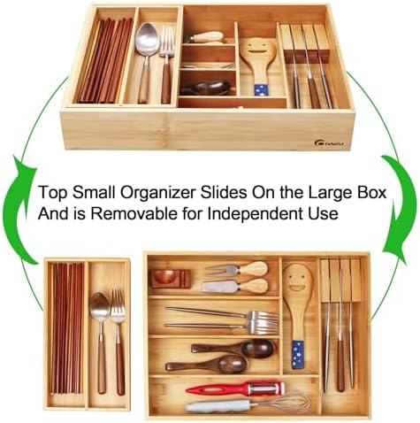 COIWAI Double Layer Bamboo Drawer Organizer Cutlery Utensil Silverware Drawer Organizer, cutlery Silverware Tray for Drawer, Utensil Holder Drawer Dividers for Flatware (L: 16.85 × 12.2 in) - Image 5