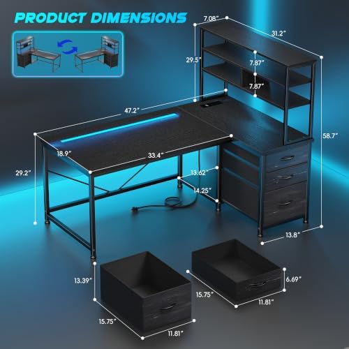 DurayLoly 55" L Shaped Gaming Desk with 3 Fabric Drawers & Shelves - Image 3