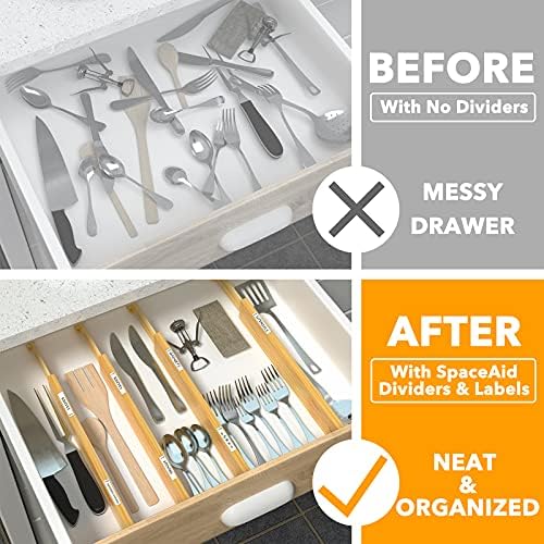 SpaceAid Bamboo Drawer Dividers with Labels, Kitchen Adjustable Drawer Organizers, Expandable Organization for Home, Office, Dressers and Bathroom, 6 Dividers (17-22 in) (Pack of 2) - Image 2