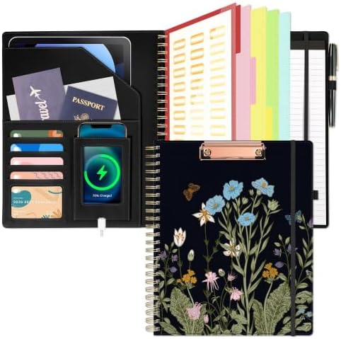 Ospelelf Clipboard with Storage for Women, Leather Padfolio Portfolio Organizer 5 Folders with 10 Pockets, Spiral Clipboard Folio with Notepad for Letter Size, Elastic Closure and Pen Loop Floral by OspelelfOfficeSupplies
