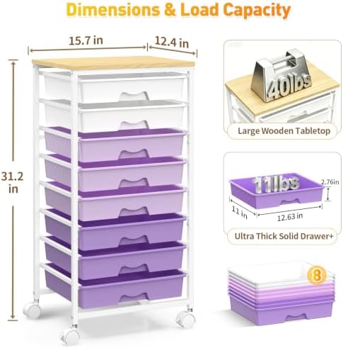 SUNALLY Rolling Cart with 8 Drawers, Craft Art Storage Drawer Cart, Purple - Image 2