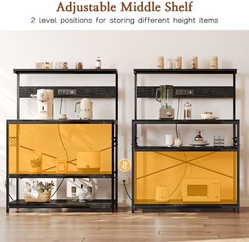 SUPERJARE Bakers Rack with Power Outlets, Microwave Stand, 39.4 X 14.3 Inch Larger Desktop, Kitchen Storage Rack with Adjustable Middle Shelf, 6 S-Shaped Hooks, Coffee Bar Stand, Black - Image 4