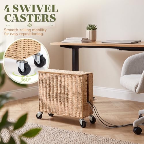 Briwooody Extra Large Rattan Cable Management Box with Caster Wheels, Brown - Image 6
