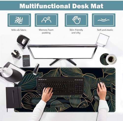 ARTSO Desk Mat Set, Large Gaming Mouse Pad Wrist Support, Keyboard Wrist Rest Ergonomic Desk Pad with Coaster Combo, Extended Mousepad with Non-Slip, Art Tropical Leaves - Image 2
