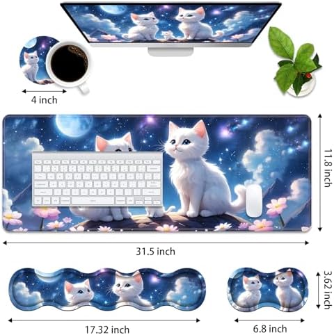 4 in 1 Ergonomic Memory Foam Mouse Pad Wrist Rest Set, Large XXL Gaming Desk Pad + Keyboard Wrist Rest + Mouse Wrist Cushion + Coaster for Home Office Study Gaming, Cute Cat - Image 2