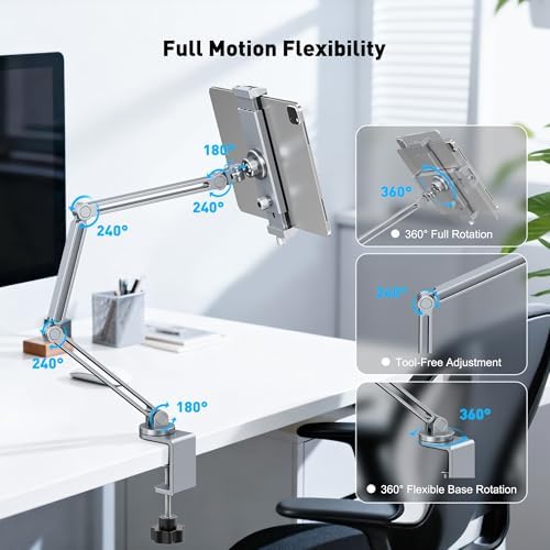 AboveTEK 2-in-1 iPad Stand for Desk, Aluminum iPad Holder Arm with Clamp & Magnetic Ring Head, 360° Adjustable Tablet Stand Holder, Bed Clamp Mount for 4.7"-13" iPads Air/Pro/Mini, Galaxy Tab & Phones - Image 5