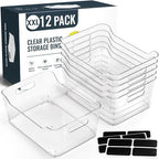 12 PACK Multi-Use Clear Plastic Storage Bins for Organizing w/ Labels - Home, Kitchen, Pantry, Bathroom, Office, Cabinet Shelf Organizer Bins - SOHO Collection, RV, Fridge Organization Containers -XXL by MakeLifeBetterEasier