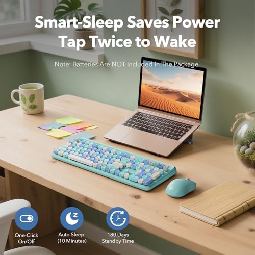 Wireless Keyboard and Mouse Combo, Retro Round Keycaps, Full-Size Cute Typewriter Keyboard with Large Phone/Tablet Holder, Auto-Sleep, 2.4GHz Cordless for Windows/PC/Laptop, Trueque CK13 (Sky Blue) - Image 5