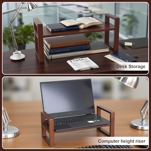 Desk Shelf, 100% Solid Wood Adjustable Desktop Bookshelf, No Tools or Nails Required Retro Tabletop Bookshelf, 130lb Load Capacity for Living Room, Office, for Books, Cookbooks, Walnut Colour - Image 4