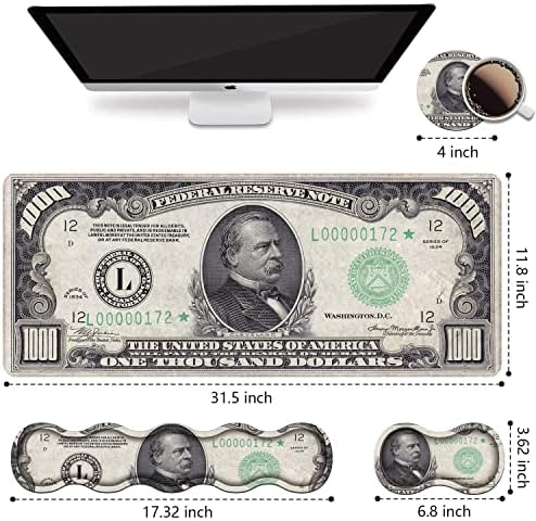 Ergonomic Keyboard Wrist Rest and Mouse Pad Wrist Rest Set, Large XXL Gaming Mousepad 31.5"x 11.8", Memory Foam, Easy Typing Pain Relief, Multifunctional Desk Mat for Office & Home, 1000 Dollar Bill - Image 2