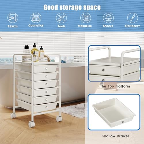 Rolling Storage Cart with Drawers 6-Tier Lock Wheels Office White - Image 4