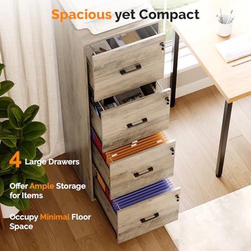 VINGLI 4 Drawer File Cabinet with Lock, Home Office Filing Organizer, for Letter Size File Folder Storage, Wood Tall Vertical Filing Cabinet, Printer Stand, Archivador (Rustic Gray) - Image 4