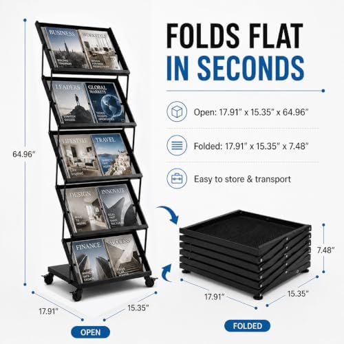 Foldable Magazine Display Rack Floor Standing 5 Pockets Brochure Stand Catalog Literature Holder with Wheels, Metal Newspaper Catalog Holders for Office Store Exhibition and Events - Image 3