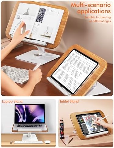 Book Stand for Reading, Adjustable Book Holder for Reading Hands Free, 360° Rotating Reading Stand, Large Rubberwood Cookbook & Bible Stand, Textbook Stand for Desk, Foldable Book Stand - Image 2