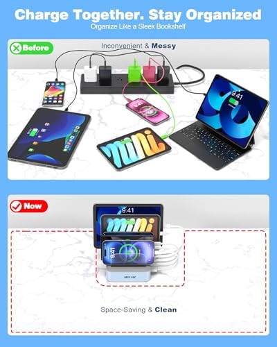MSTJRY Charging Station for Multiple Devices : 5 Port Multi USB-A Charger Stations Multi-Device Organizer Charging Dock Designed for iPhone iPad Cell Phone Tablets (7 Short Cables Included), Blue - Image 3