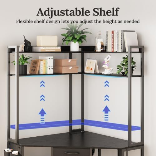 VENNQD Corner Desk with Drawers Shelves, Office Desk with Hutch, Triangle Corner Gaming Computer Desk with Storage Bag, Power Outlets and Hook for Home Office Workstation (Black) - Image 6
