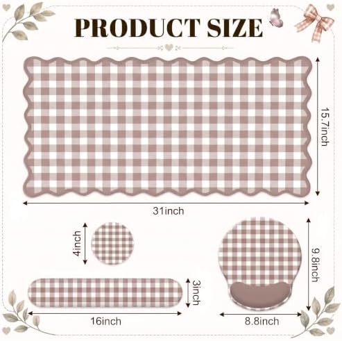 Brown Gingham Scalloped Desk Mat Set, Mouse Pad with Gel Wrist Rest,Ergonomic Keyboard Wrist Support for Women Non-Slip Desk Pad Home Office Decor - Image 6
