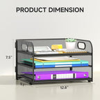 Cawukege 3 Tier Paper Organizer with Handle, Metal Desk Organizer Mesh Paper Letter Tray File Folder Document Sorter for Classroom, School, Office Storage (2, Black, 3-Tier (12.6" x 9.1" x 7.5") - Image 4