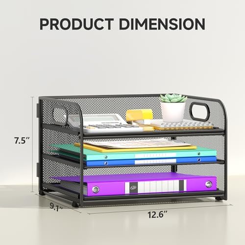 Cawukege 3 Tier Paper Organizer with Handle, Metal Desk Organizer Mesh Paper Letter Tray File Folder Document Sorter for Classroom, School, Office Storage (2, Black, 3-Tier (12.6" x 9.1" x 7.5") - Image 4