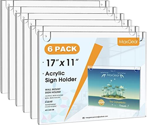 MaxGear Acrylic Wall Mount Sign Holder, 11 x 17 Landscape, 6 Pack by MaxGear