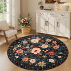 DUKINO 5ft Round Rug, Non Slip Floral Washable Small Circle Rug, Black - Image 4