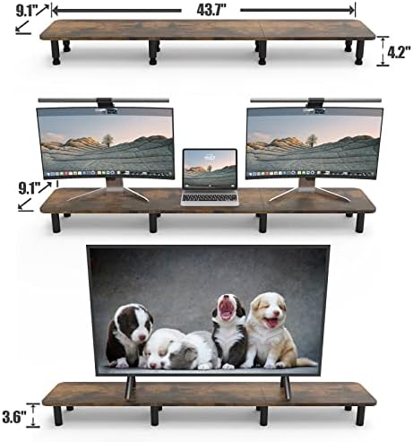 Dual Monitor Stand - 43.7 inch Extra Long Wide TV Stand - Wood & Steel Leg Desktop Riser - Desk Organization - Home Office (Vintage) - Image 4