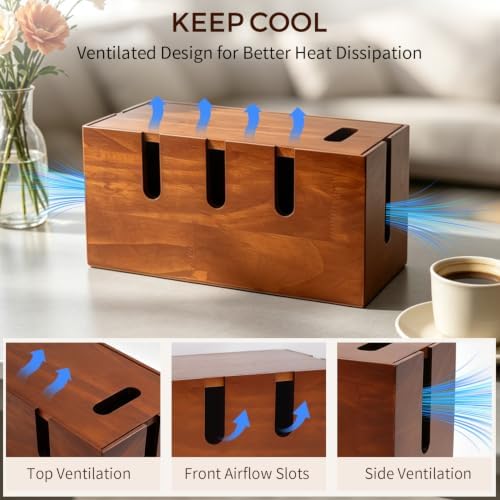 Wooden Cable Management Box, Power Strip Cord Hider with 5 Cable Slots - Image 4